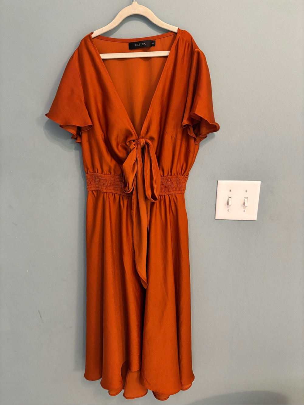 Zesica Rust Orange Tie-Front Midi Dress
